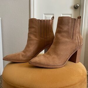 Tan Ankle Boots Slip-on Pointed Toe Chunky Block Heel